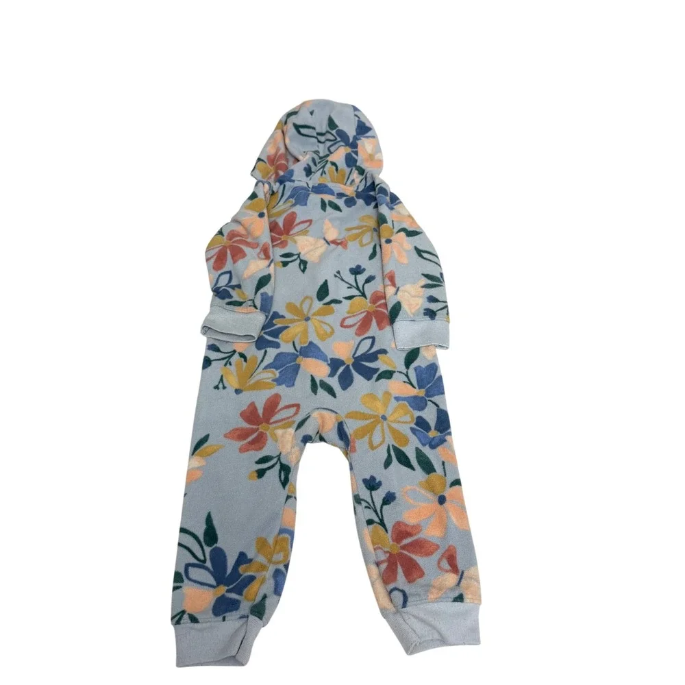 Carters 18M Baby Girl Floral Fleece Hooded Jumpsuit Blue Orange Zip Up Cozy Warm